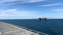 An X-47B Unmanned Combat Air System demonstrator launches from the flight deck of the aircraft carrier USS George H.W. Bush. George H.W. Bush is the first aircraft carrier to successfully catapult launch an unmanned aircraft from its flight deck.