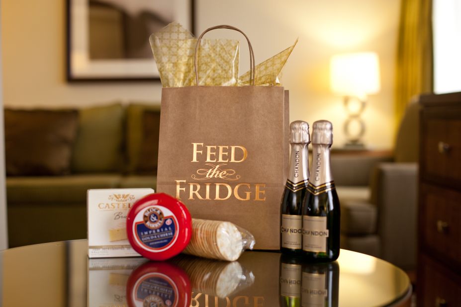 Can hotels refresh the flagging minibar concept? The <a href="http://www.peabodyorlando.com/" target="_blank" target="_blank">Peabody Hotel</a> in Orlando think so. They've replaced the minibar with a scheme called "Feed the Fridge" which allows guests to order themed bundles of snacks and drinks. The 'Tiny Bubbles' package (pictured) includes two bottles of champagne for $20. Brie and crackers can be added for an extra $4.