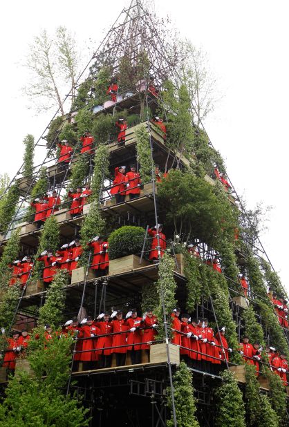 Garden designer Diarmuid Gavin created an 80ft pyramid-shaped "Westland Magical Garden'" in 2012. He asked Chelsea Pensioners, retired soldiers who live in the Royal Hospital Chelsea, to pose for pictures on the pyramid. 