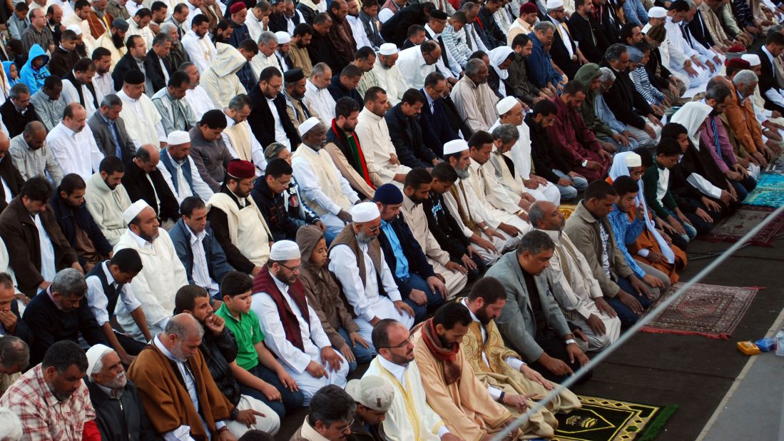 Muslims in Benghazi pray on November 6, 2011, the first day of Eid al-Adha, marking the end of the hajj pilgrimage to Mecca.