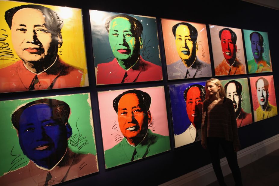 Several of Warhol's "Chairman Mao" portraits from the collection of Gunter Sachs are pictured at the auction preview at Sotheby's London in May 2012.