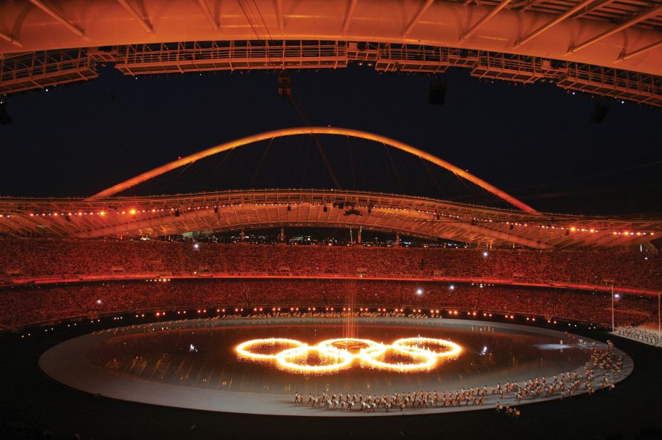 Olympic rings at Athens 2004 opening ceremony, the culmination of four years' of work for Angelopoulos and her team.