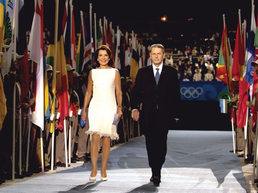 Jacques Rogge, President of the International Olympic Committee, and Angelopoulos at the opening ceremony of the Athens Olympic Games in 2004.