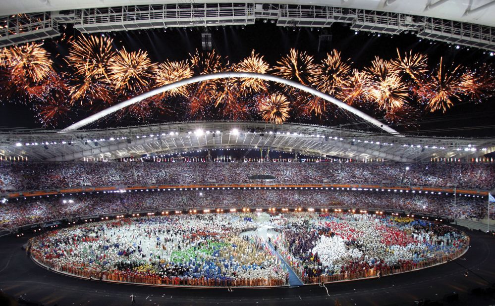 Fireworks at the opening ceremony mark the start of Athens 2004 Olympic Games.