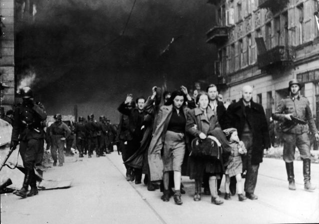 Poorly armed civilians were soon defeated by the Nazis. Pictured are captured Jewish civilians who participated in the uprising. Most of those arrested by Germans were murdered or transported into concentration camps.