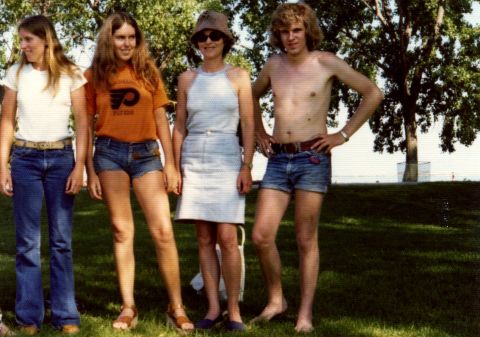 Men were historically the ones promoting denim fashions, until <a href="http://ireport.cnn.com/docs/DOC-965235">cutoff denim shorts</a> came along. Barb Mayer, second from left, in 1974, says she would be embarrassed to wear such short shorts today. 