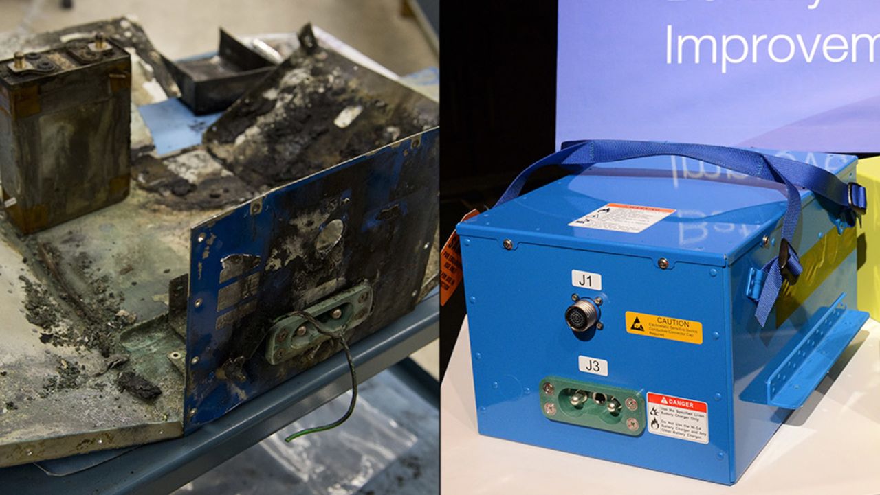 The redesigned battery system, right, adds a containment and venting system to prevent possible overheating from affecting the plane. At left is a battery case damaged during a flight on a Japan Airlines Boeing 787. It was one of two incidents that prompted the Dreamliner's grounding.