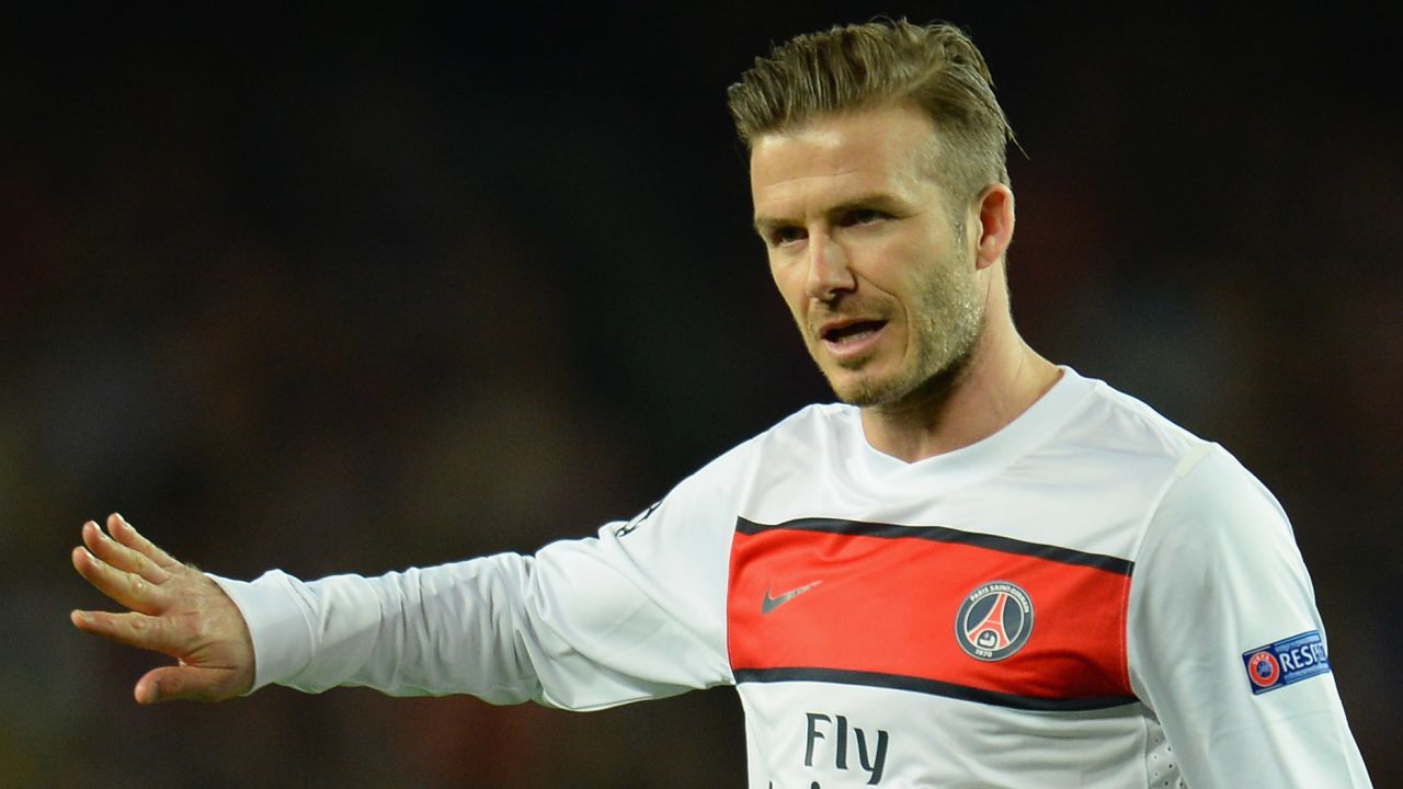  David Beckham of Paris St Germain during the UEFA Champions League quarter-final second leg match between Barcelona and Paris St Germain at Nou Camp on April 10, 2013 in Barcelona, Spain