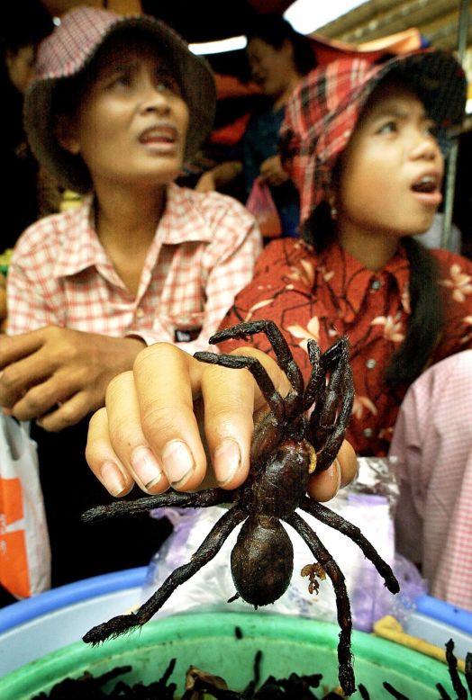 Arañas fritas o a la parrilla son una merienda popular diaria en Camboya, y se venden en los mercados, como el mercado central de Phnom Penh (mostrado aquí), y en los restaurantes de la ciudad. 