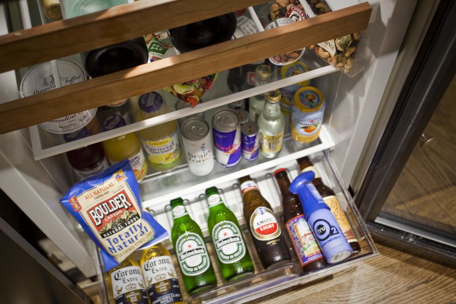 The well stocked minibar at The Little Nell ski resort in Aspen has a wide selection of local beers and imported spirits. Cans of tru02 oxygen meanwhile help guests acclimatize to the city's 7,900 foot altitude before hitting the nearby slopes.