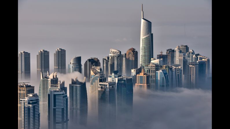 The skyline just along the coastline of the Persian Gulf is seen from the 85th floor of the Princess Tower.