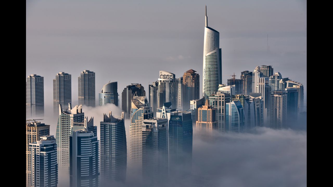 The skyline just along the coastline of the Persian Gulf is seen from the 85th floor of the Princess Tower.