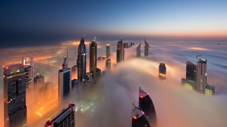 Looking north from the 79th floor of the Index Tower, the tops of the Park Towers, bottom center, along with the buildings lining Sheikh Zayed Road are visible.