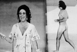Elizabeth Taylor laughs as she was upstaged by a streaker before presenting the Oscar for best picture.