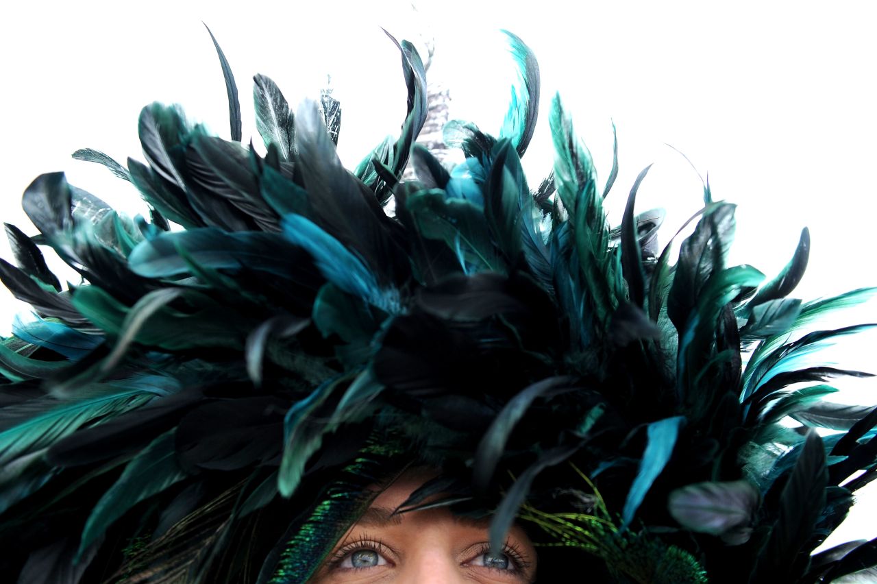 A detail view of a feathered hat worn by a spectator.