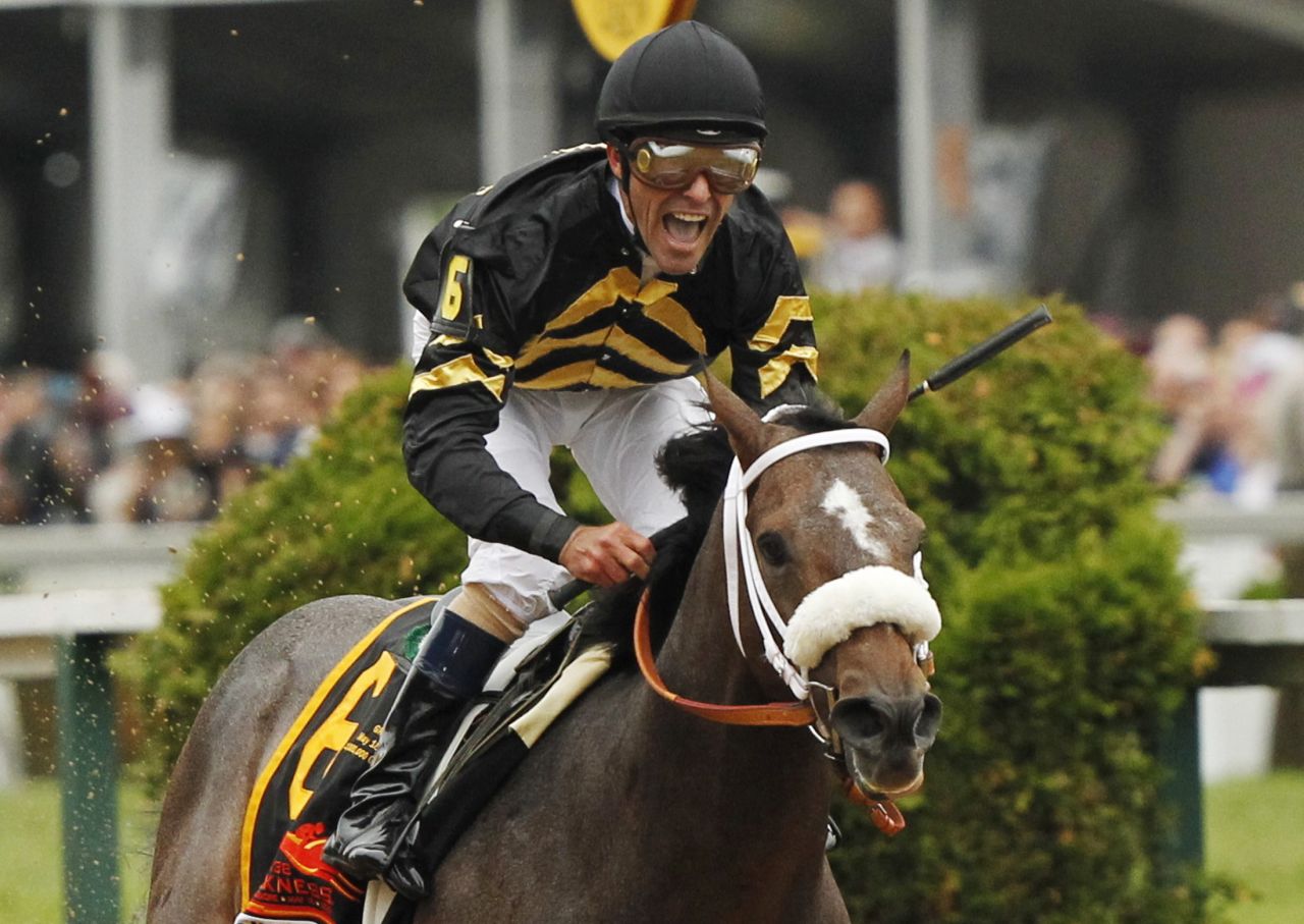 Oxbow, with jockey Gary Stevens in the irons, wins the 138th running of the Preakness Stakes at Pimlico Race Course in Baltimore on Saturday, May 18.