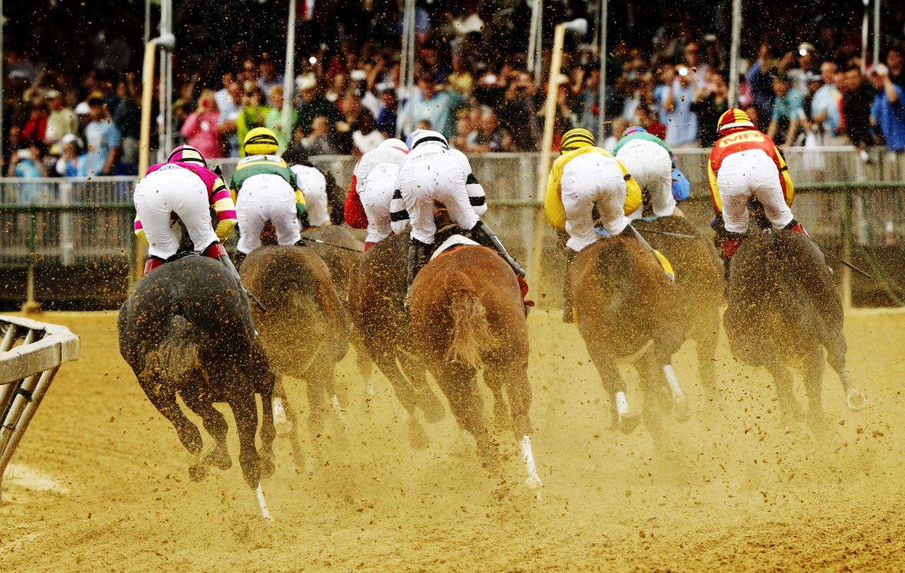 Horses and jockeys vie for position during the race. 