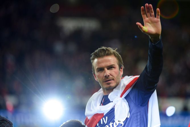 Beckham waves after PSG played Brest in<a href="index.php?page=&url=http%3A%2F%2Fwww.cnn.com%2F2013%2F05%2F18%2Fsport%2Ffootball%2Ffootball-psg-beckham-farewell-game%2Findex.html%3Fhpt%3Dhp_t2" target="_blank"> his final home match</a> in May. Beckham had <a href="index.php?page=&url=http%3A%2F%2Fnews.blogs.cnn.com%2F2013%2F01%2F31%2Fbeckham-to-join-paris-saint-germain-club-says%2F">signed on with the team</a> just a few months prior to his <a href="index.php?page=&url=http%3A%2F%2Fwww.cnn.com%2F2013%2F05%2F16%2Fsport%2Ffootball%2Fdavid-beckham-retires-football%2Findex.html%3Fhpt%3Dhp_t2">retirement.</a> 