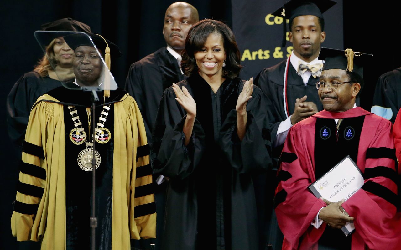 First lady Michelle Obama delivered the commencement address at Bowie State University in College Park, Maryland, on May 17. She delivered the commencement addresses at Eastern Kentucky University on May 11 and is also set to talk at the Martin Luther King Academic Magnet High School for Health Sciences and Engineering in Nashville on May 18.