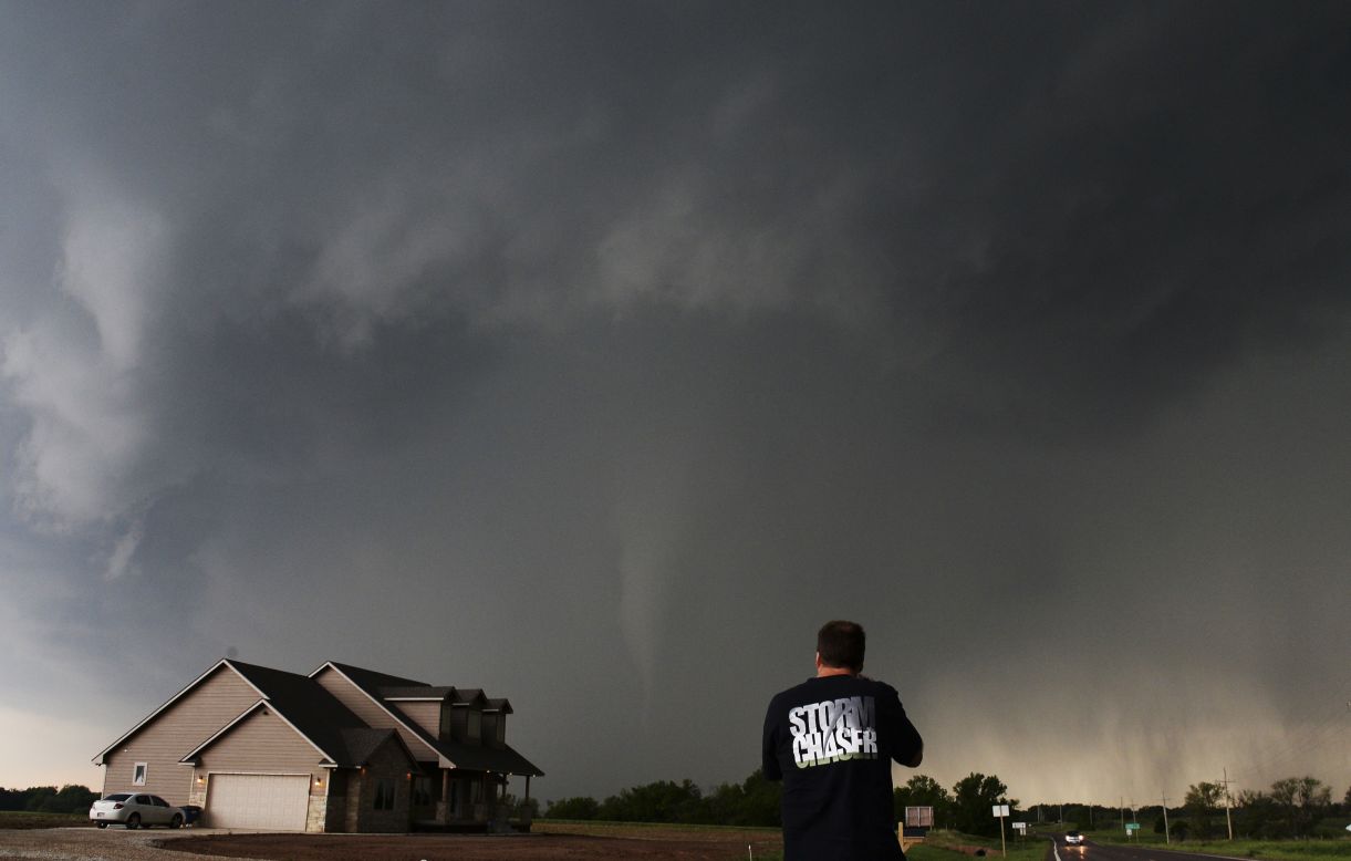 Storm chaser and videographer Brad Mack records a tornado touchdown in South Haven, Kansas, on May 19.