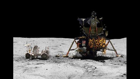 This image is part of 27 separate frames taken by Charles Duke that shows the Apollo 16 landing site in the lunar highlands on April 23, 1972.