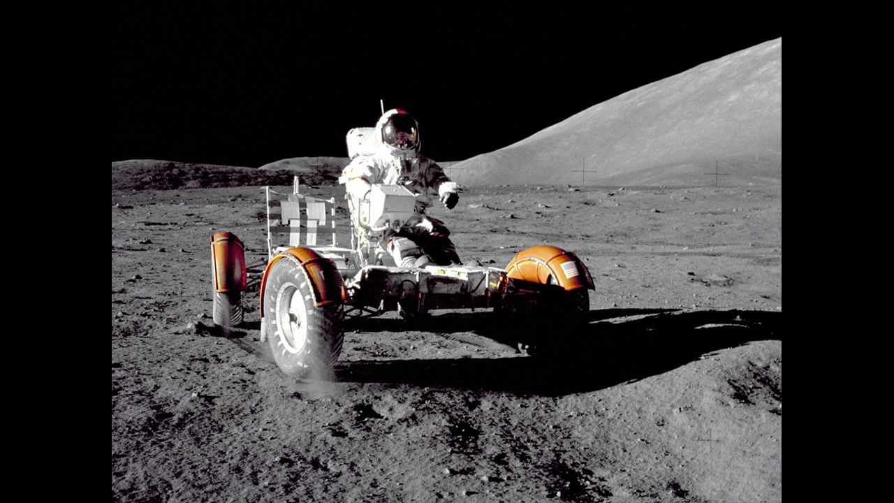 Apollo 17 mission commander Eugene A. Cernan makes a short checkout of the Lunar Roving Vehicle during the early part of the first Apollo 17 extravehicular activity at the Taurus-Littrow landing site. 