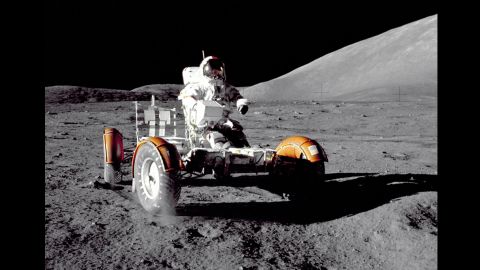 Apollo 17 mission commander Eugene A. Cernan makes a short checkout of the Lunar Roving Vehicle during the early part of the first Apollo 17 extravehicular activity at the Taurus-Littrow landing site.