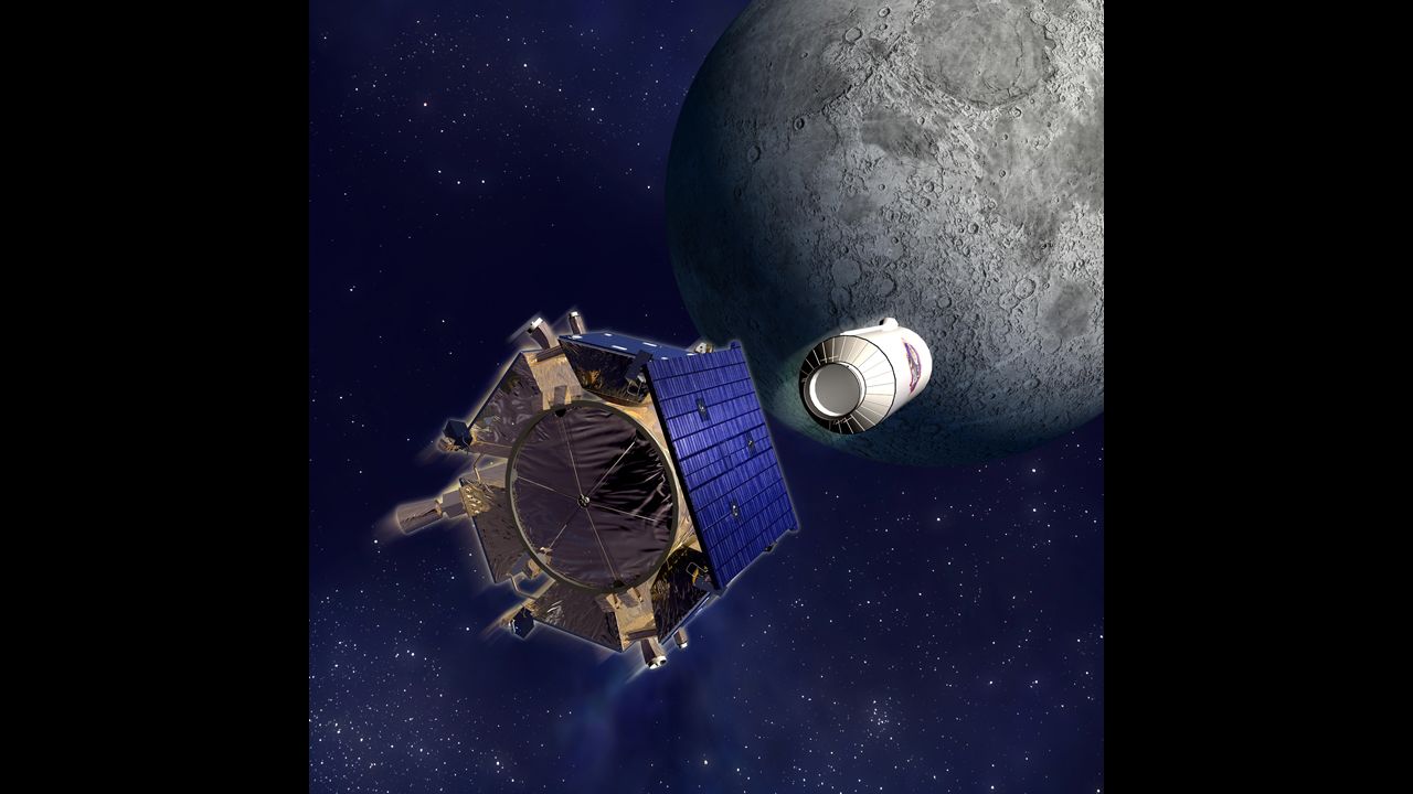 The Lunar Crater Observation and Sensing Satellite, or LCROSS, found the presence of water molecules when it was purposefully crashed into the moon to collect data from beneath the surface on October 9, 2009.  The satellite is shown in this artist's rendering.  