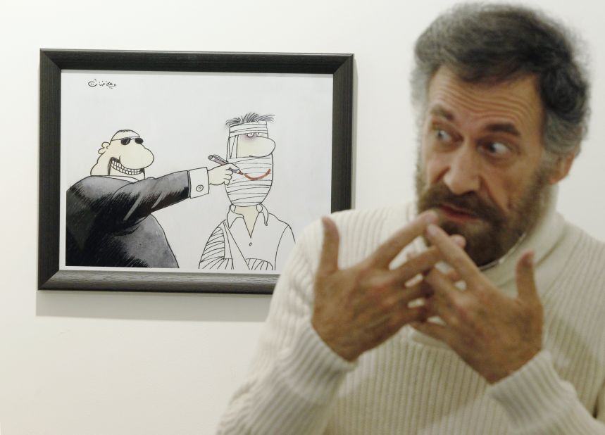 Initially, Ferzat's cartoons depicted nameless people. Over time, he started drawing identifiable images of Syrian leaders to mock them directly.