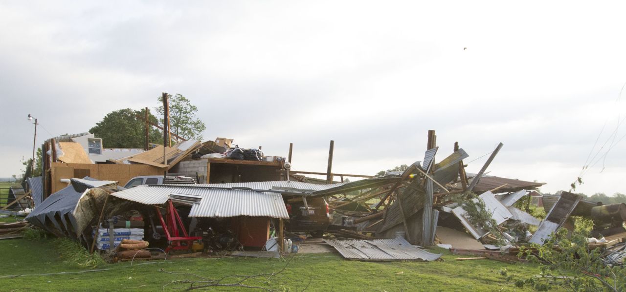 A home in Shawnee sits in ruin after being hit by a tornado on Sunday, May 19.