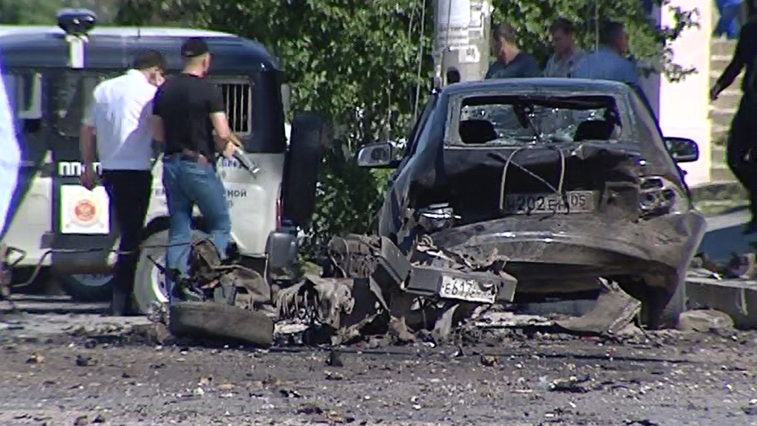 A video grab made on May 20, 2013 shows a blast site outside a building used by court bailiffs in central Makhachkala.