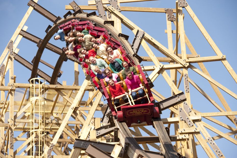 This Silver Dollar City coaster offers a nearly vertical ride. Made with 450,000 board feet of lumber, it's the first wooden coaster to feature a double barrel roll and three inversions.