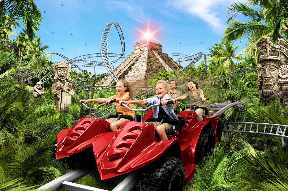 Passengers who aren't squeezing their eyes in terror get views of faux Mayan temples, waterfalls and jungles on this all-terrain ride. 