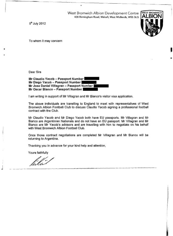 In July 2012, West Brom wrote a letter in support of visa applications for Yacob and his brother Diego as well as Jose Daniel Villagran and Oscar Bianco to bring them over from Argentina. Just what was the role -- if any -- of Villagran and Bianco in this transfer?