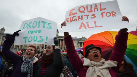 Demonstration for equal rights for gay couples in Trafalgar Square cental London on March 24, 2013.