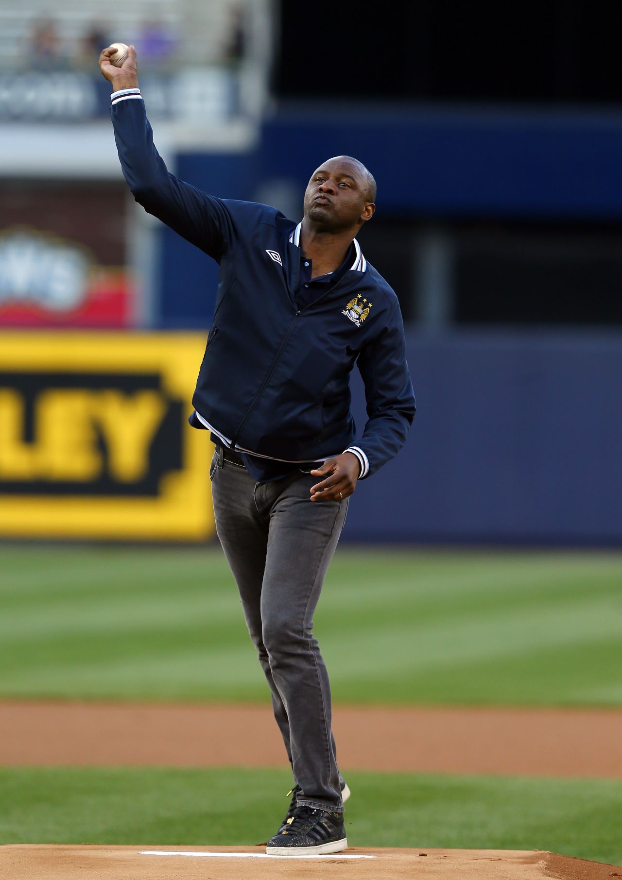 Former Manchester City star Patrick Vieira threw a ceremonial pitch at a recent New York Yankees game against Toronto.