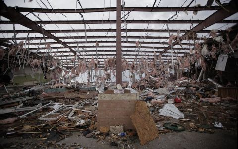 Tufts of pink insulation hang from the rafters of a store in Moore on May 21 that was destroyed in the storm.