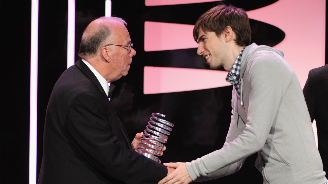 Steve Wilhite, left, received a Webby Award from Tumblr's David Karp for his invention of the animated GIF format.