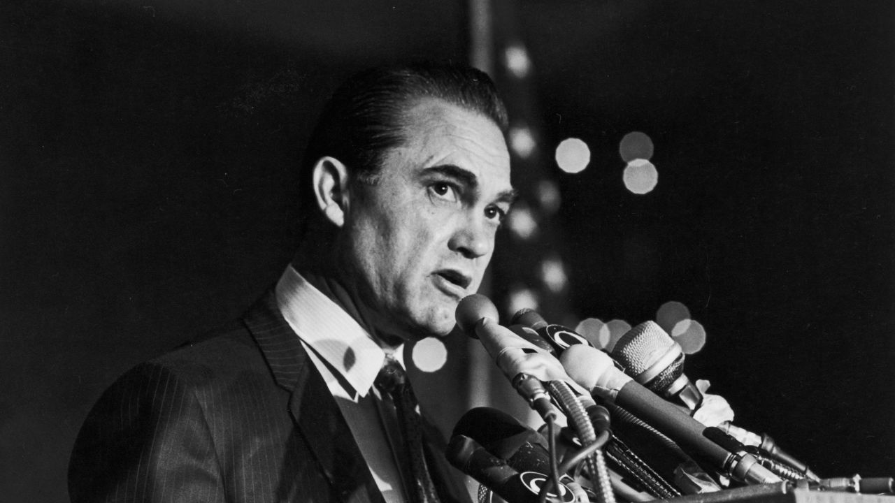Alabama Gov. George Wallace makes a speech at a fundraising dinner held at the American Hotel in New York City in October 1968.
