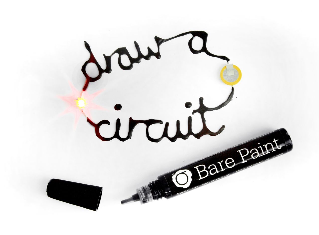 <strong>Bare Conductive Electric Paint.</strong> Think of it as<a href="http://www.cnn.com/2013/05/23/tech/innovation/bare-electrically-conductive-paint/"> "liquid wiring."</a> BarePaint can be drawn on a variety of surfaces with just a pen, and when it dries, it will conduct electricity. It's not a new idea, but the product is more flexible than industrial versions and nontoxic. Light it up! ($24.95 for 50ml of paint; $9.95 for a 10ml pen)