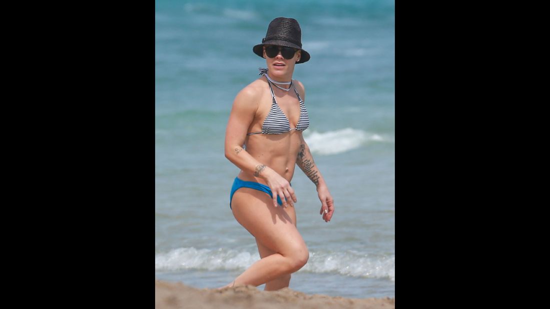 Singer Pink got a jump on the action in February 2013 when she and her husband, Carey Hart, spent the day on the beach in Miami with their daughter, Willow. 