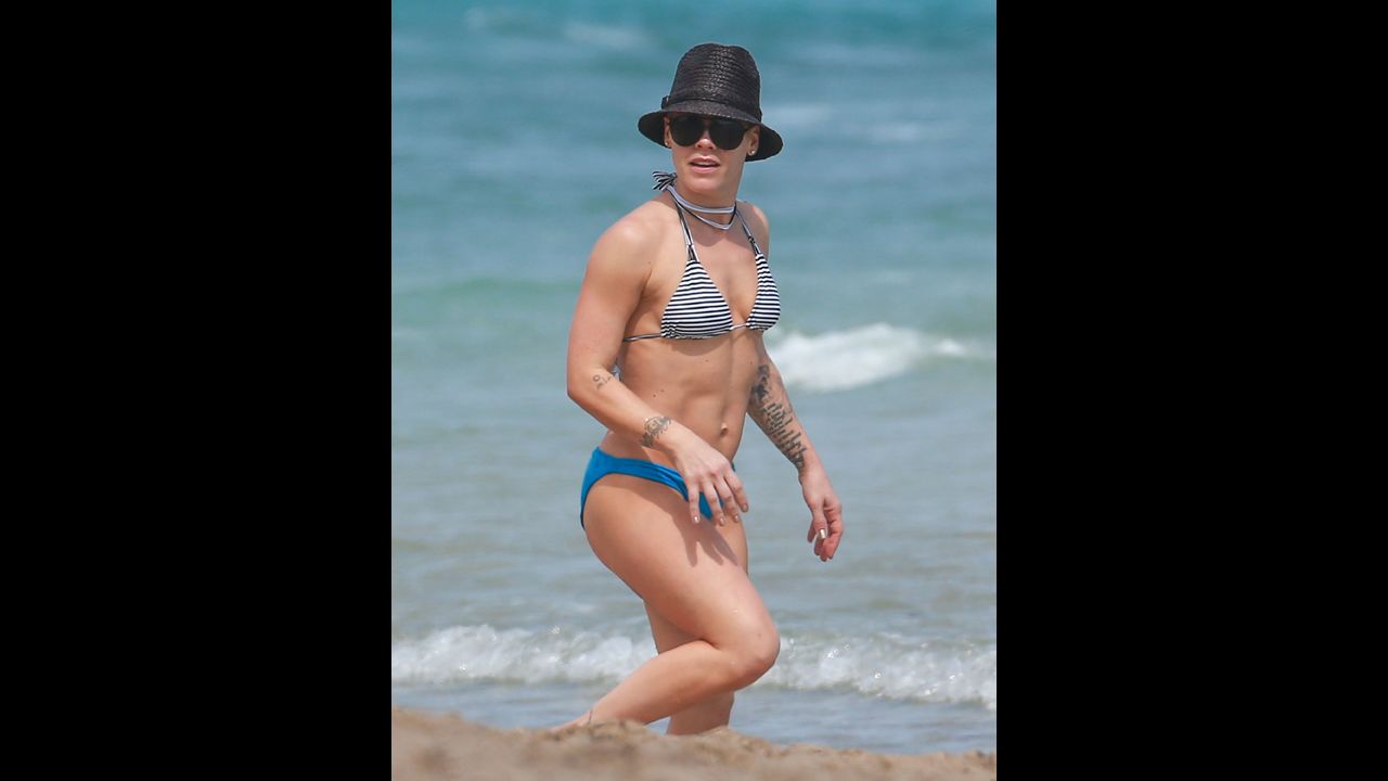 Singer Pink got a jump on the action in February 2013 when she and her husband, Carey Hart, spent the day on the beach in Miami with their daughter, Willow.
