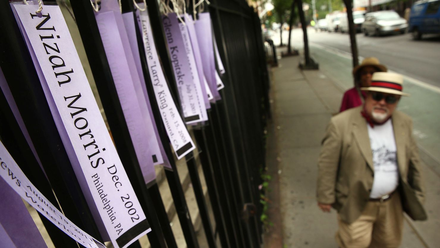 The names of victims of bias crimes are displayed on ribbons Wednesday in New York City. 