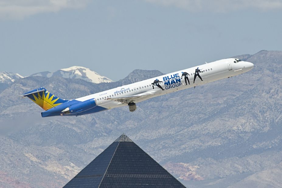 The Blue Man Group paint scheme on this MD-83 stands out well against the mountains near Las Vegas' McCarran International Airport. 