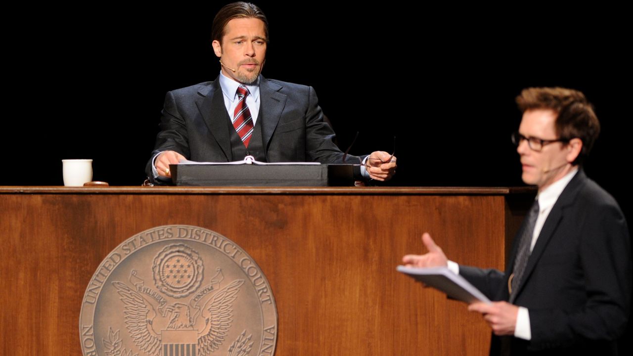 Pitt and Kevin Bacon perform a one-night reading of the play "8," presented at The Wilshire Ebell Theatre in Los Angeles, in March 2012.