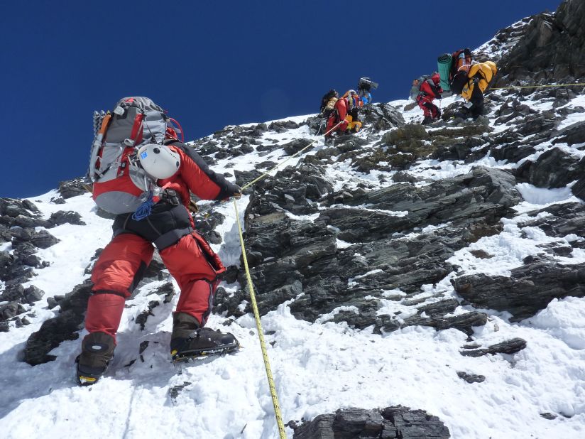 Leif Whittaker captured this photo as Dave Hahn ascends the rocky Geneva Spur between Camp 3 and Camp 4 in 2010. The following images feature his stunning photographry during 2010 and 2012 on Everest.