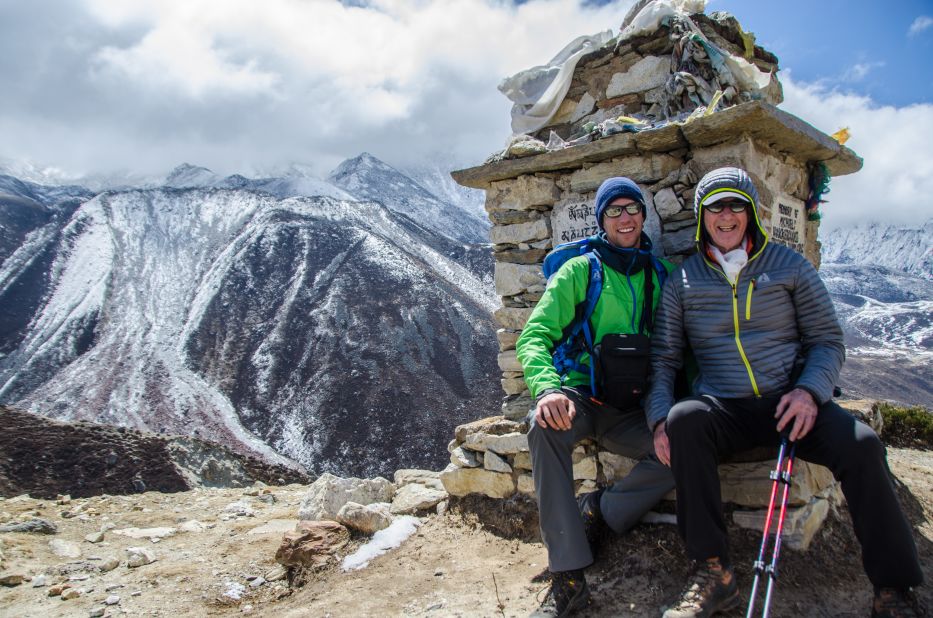 Jim and Leif pause for a moment on the trail to Mount Everest Base Camp in 2012.