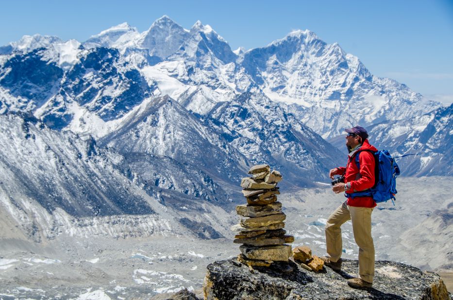 Expedition member Dave Hahn peers out at the Himalaya from Pumori Camp I in 2012.