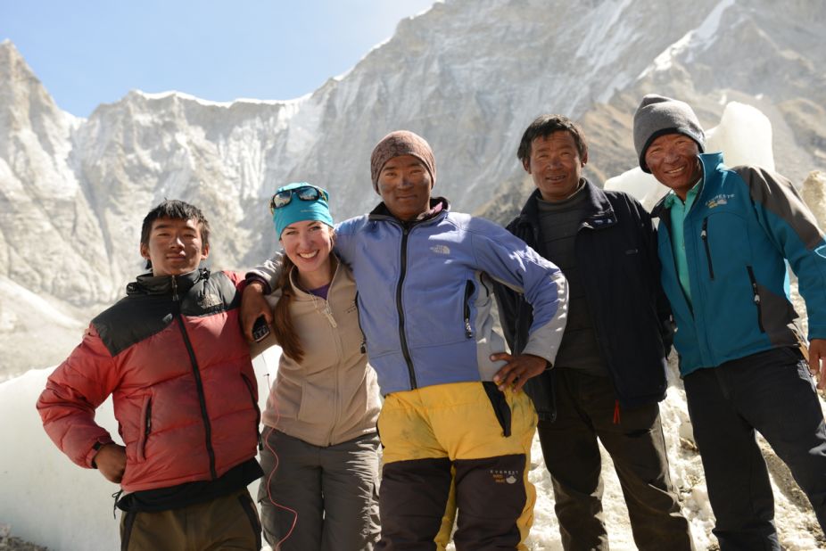 Sandra at Everest base camp with the team Sherpas.