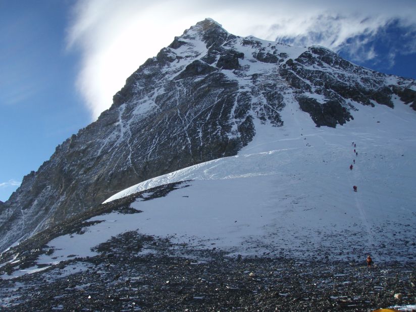 Jon Kedrowski snapped this photo at 6:30 p.m. on May 19th, 2012, at 26,000 feet as he looked out from his tent. He thought the climbers were beginning their summit attempt, but many clustered at the top were just beginning to come down from the top.